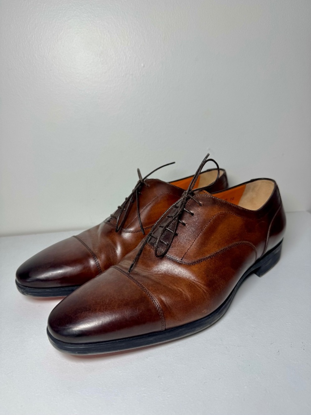 Santoni Men's Brown Leather Cap Toe Oxford Dress Shoes Made in Italy Size 10
